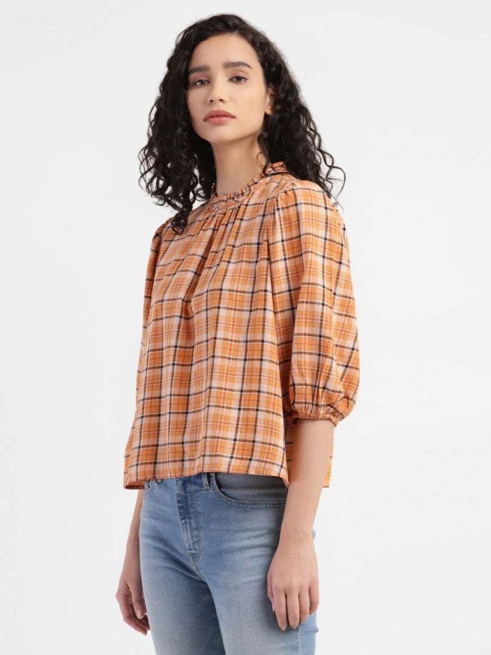 LEVIS Checkered Orange Mustard Yellow Band Neck Shirt